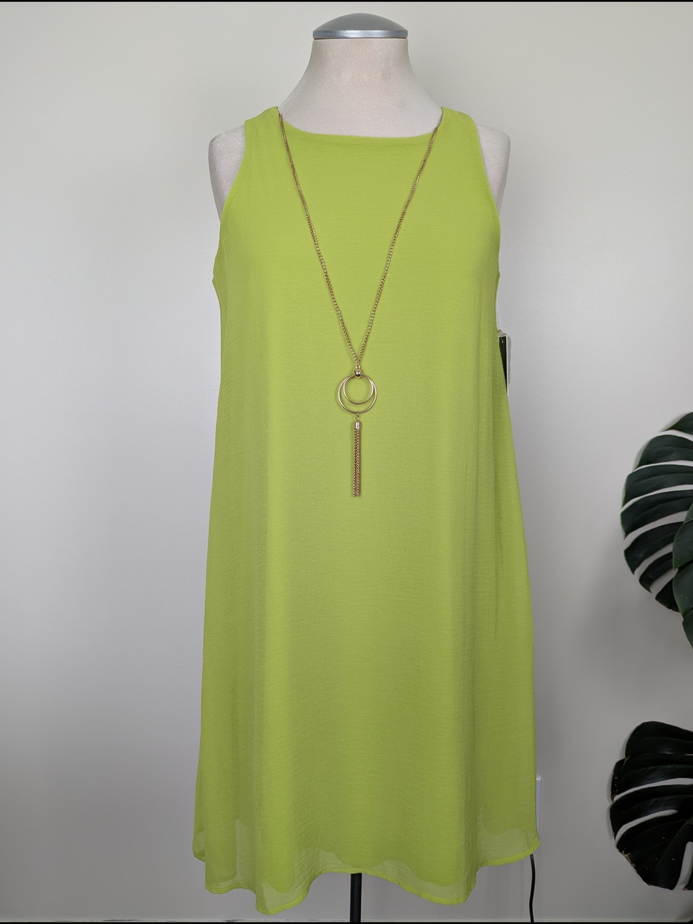 Tacera Lime Green Sleeveless Midi Shift Dress with Detachable Pendant Necklace